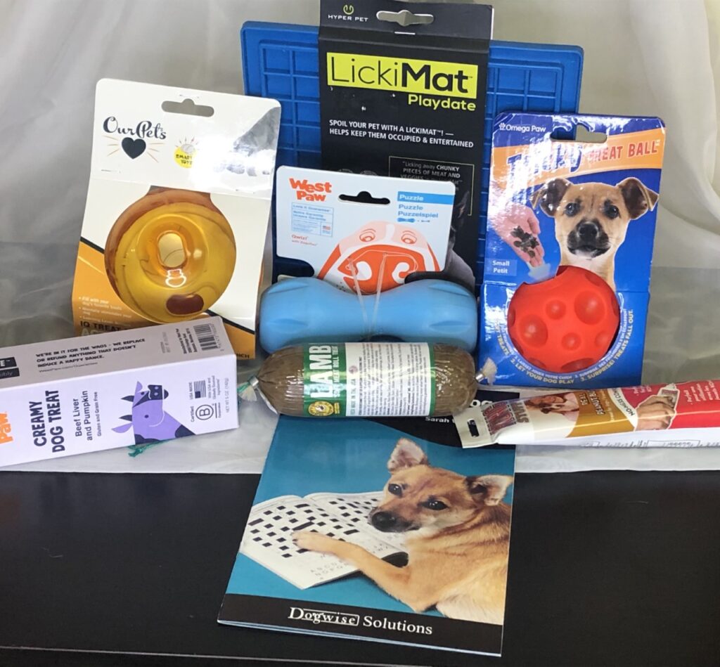 Small Enrichment Gift Set $40 +tax: IQ Ball, Lickimat, Omega Treat Ball, West Paw Quizl, Happy Howie's Lamb Treats, West Paw Beef Paste Tube, Kong Peanut Butter Tube, Mind Games for Dogs Booklet